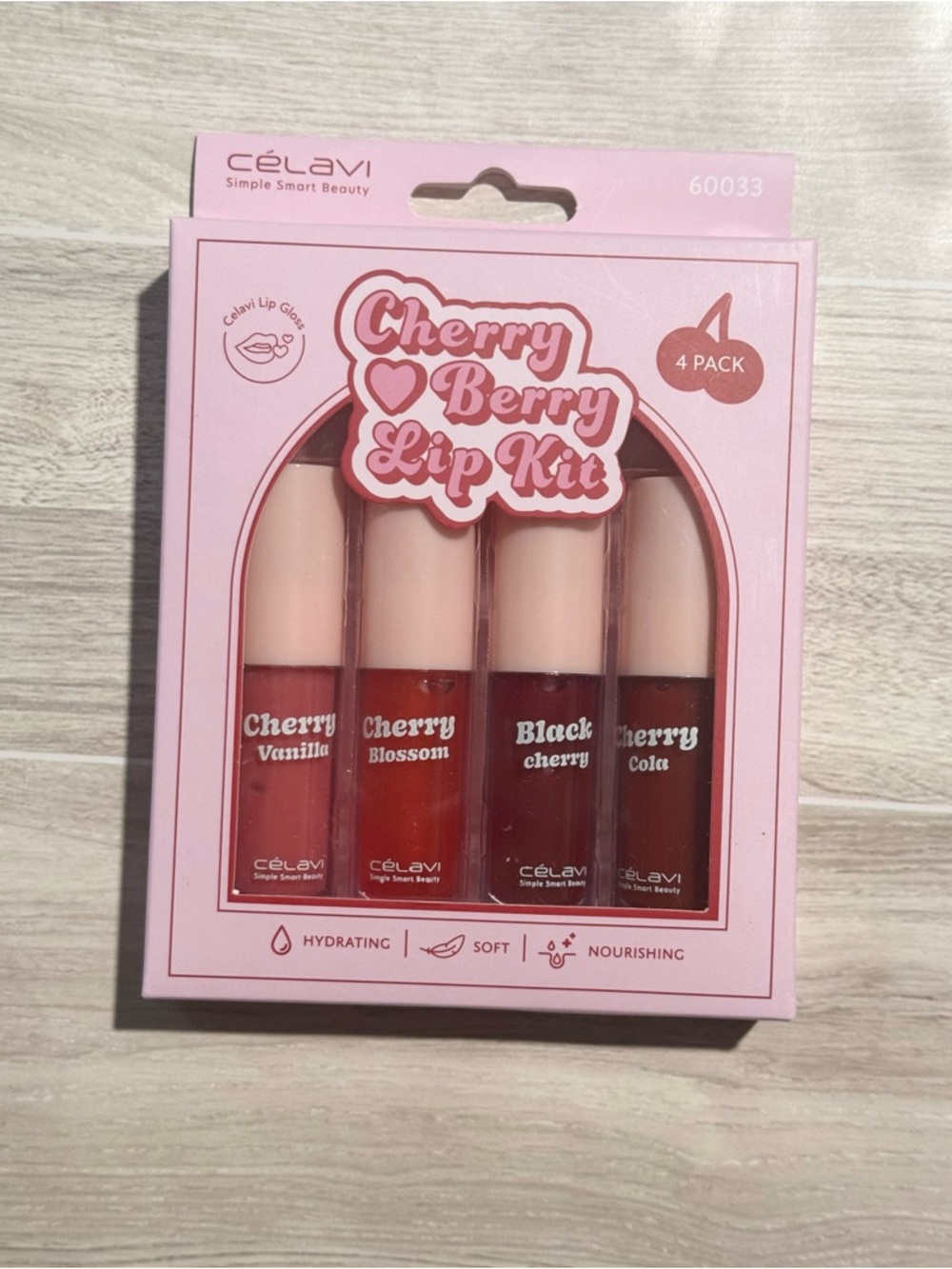 Célavi Cherry Berry Lip Kit 4 Pack Lip Gloss Oil Hydrating Nourishing Tinted Set